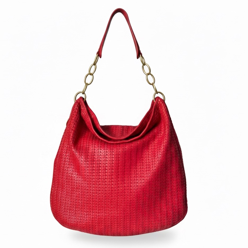 Christian Dior Avenue Woven Leather Hobo Tote Red with Gold Tone Hardware